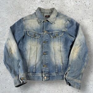 Vintage Men's Lee 101-J Repro Trucker Denim Jacket Size L 60s 70s Rider Distress